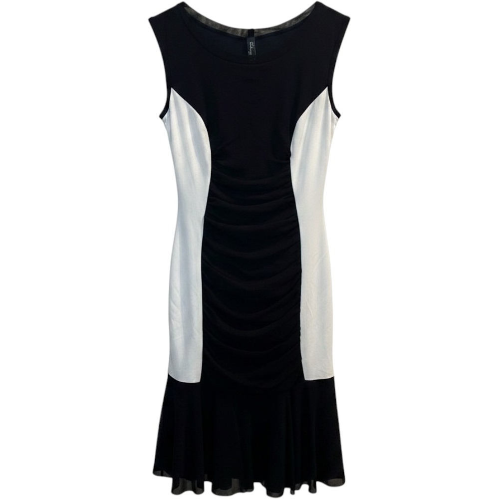 Elana Kattan Black White Colorblock Ruched Flounce Hem Mesh Dress Small USA Y2K
